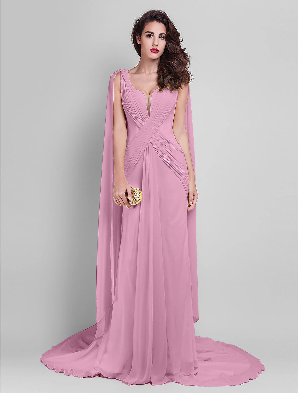 Etuikleid/Säulenkleid, elegantes Kleid, Hochzeitsgast, Abschlussball, Hofschleppe, ärmellos, tiefer Ausschnitt, Georgette, V-Rücken mit überkreuzten Seitendrapierungen